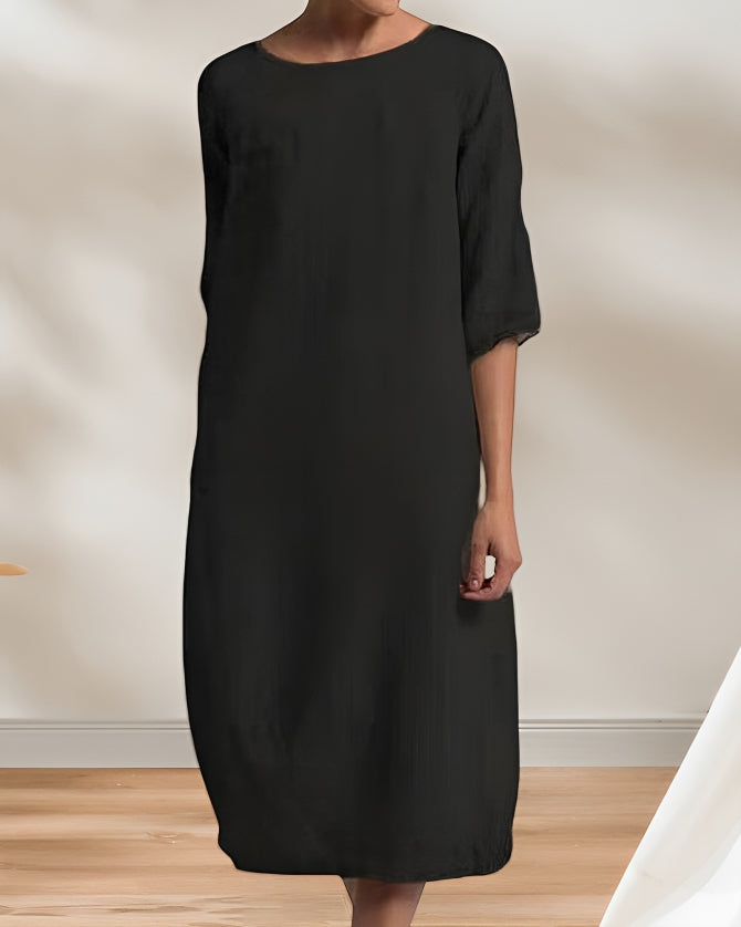 GR | Ladies Lässig Leinen Look Einfaches Midikleid