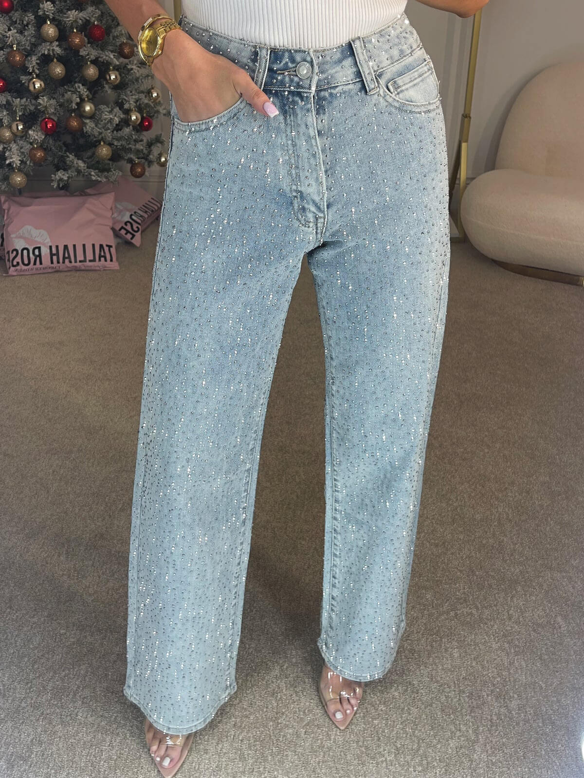 GR | Jeans Mit Hoher Taille Und Diamant Details