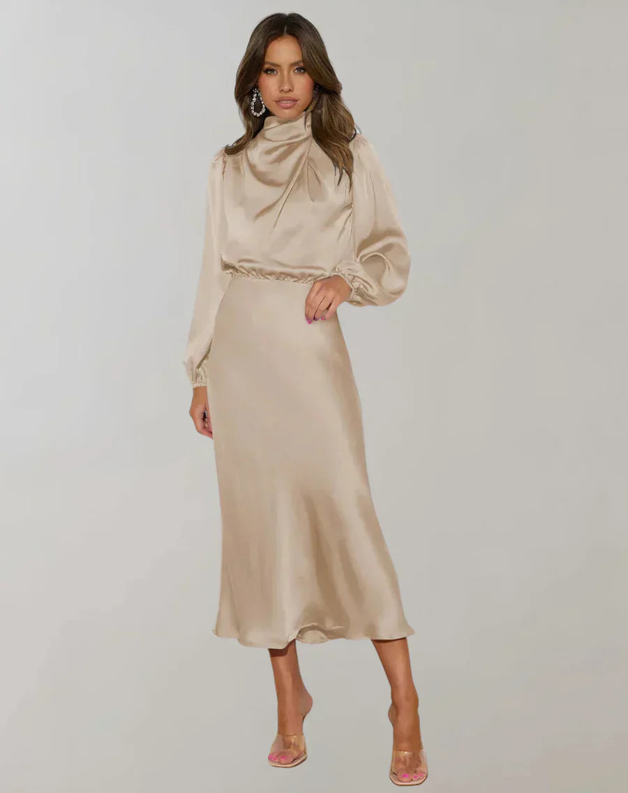 GR | Classic Satin Dress with High Collar and Long Sleeves for Women