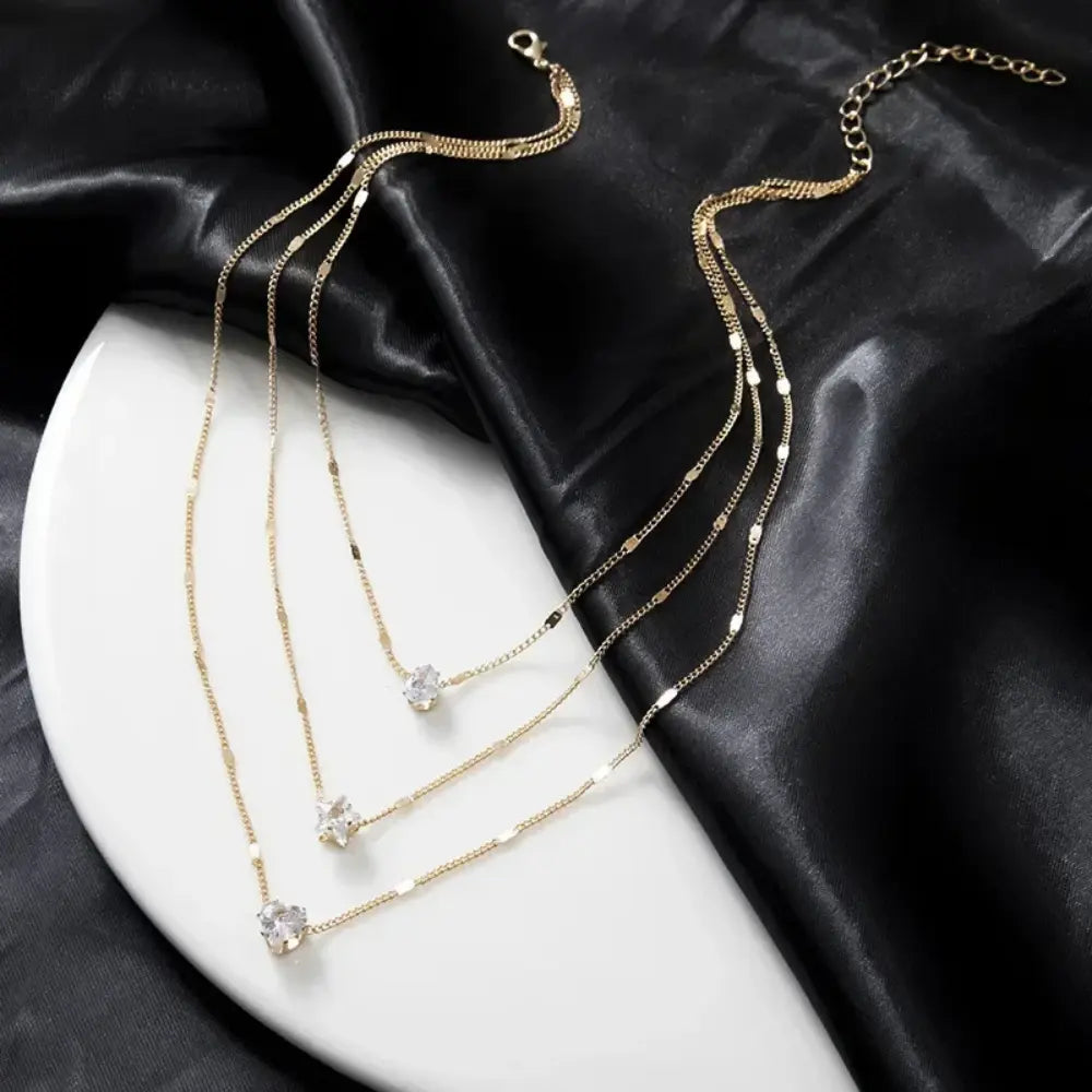 GR | Zircon Heart Charm Layered Pendant Necklace