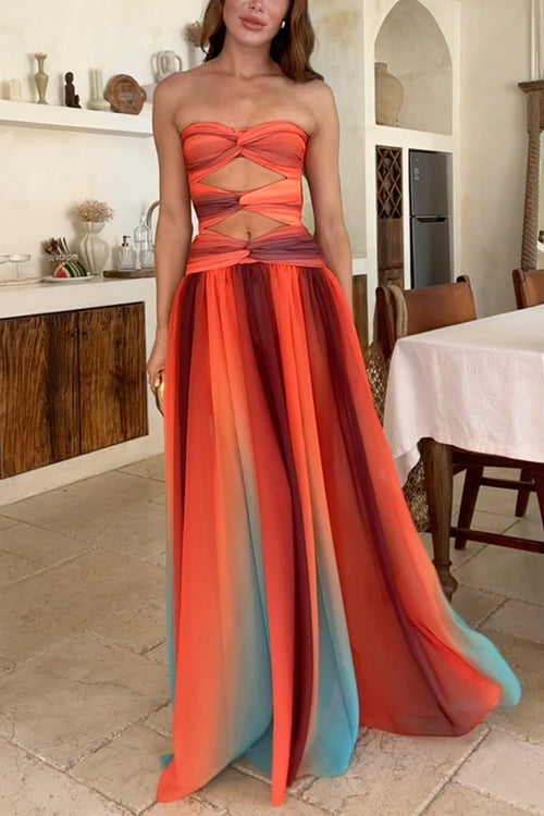 GR | Strapless Twist Front Cut Out Coloured Mesh Maxi Dress