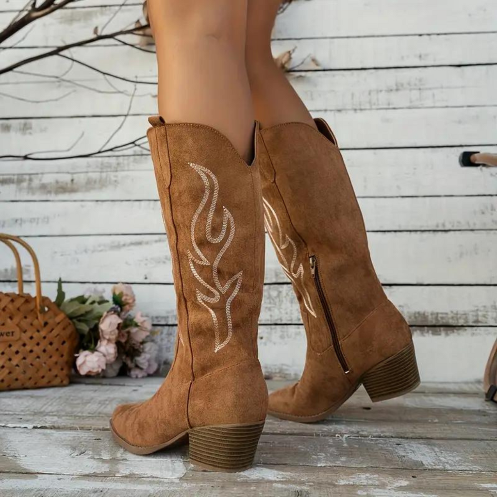 Cowboy boots | Retro chunky heel pointed boots with stylish side zipper