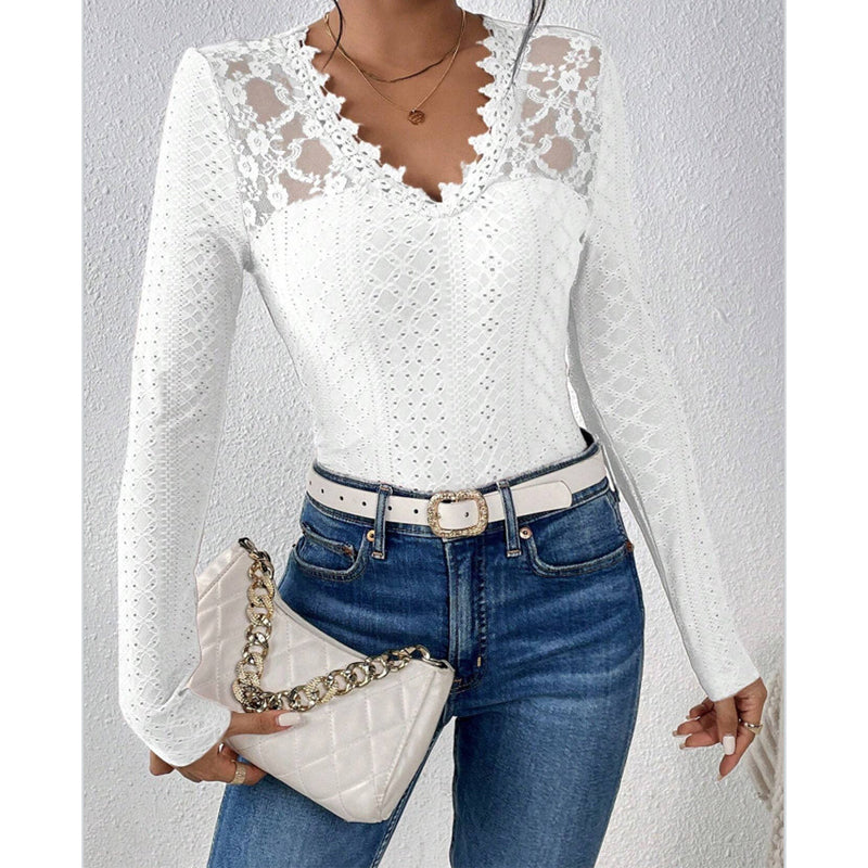 GR | Long-sleeved top, V-neck, Spetspanel