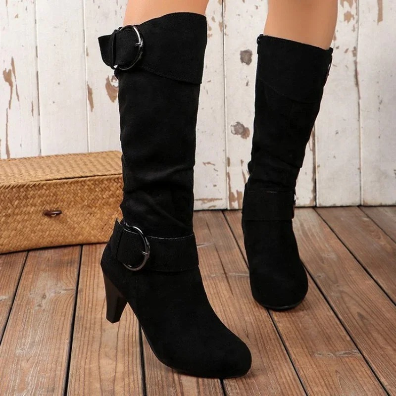 GR | Women's Knee-Length Boots with Zipper and Buckle Stylish High Boots