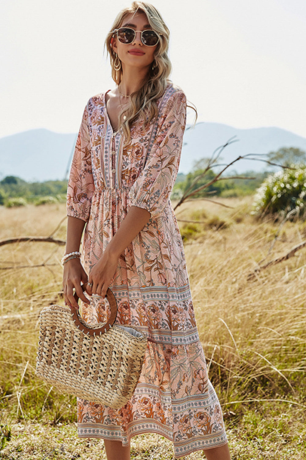 GR | High-waisted V-neck Boho beach dress
