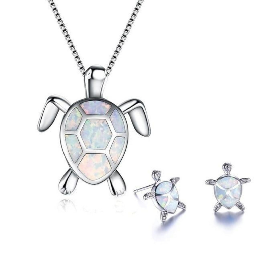 GR | Turtle Necklace + Earrings in Opal and Silver