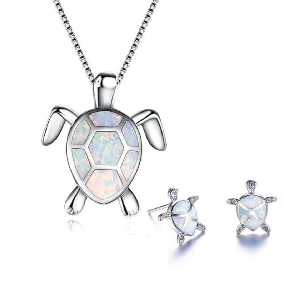 GR | Turtle Necklace + Earrings in Opal and Silver