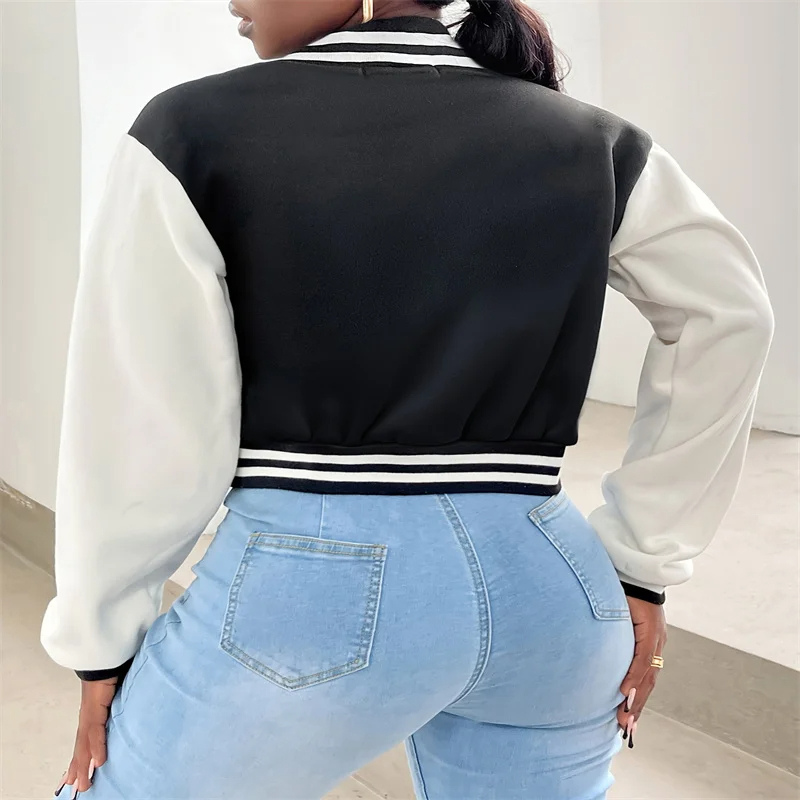 GR | Varsity Bomber Jacket for Women, Short Model with Letter Patch and Snap Button Closure