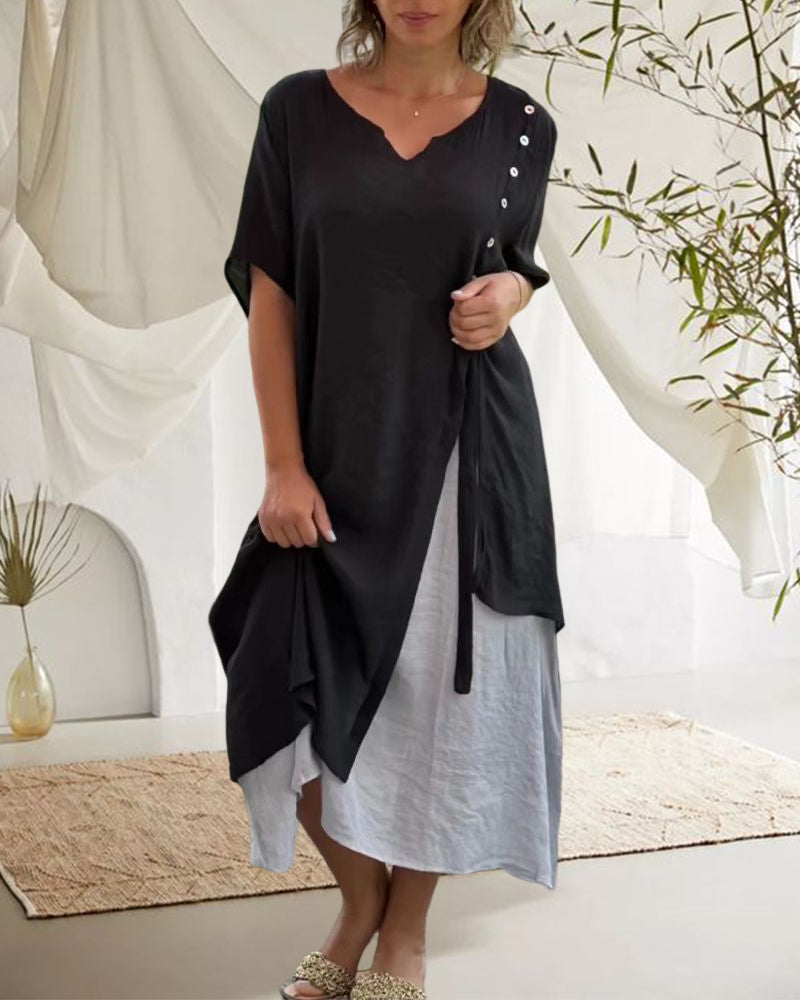 GR | Asymmetrisches Kleid mit kurzen Ärmeln und V-Ausschnitt