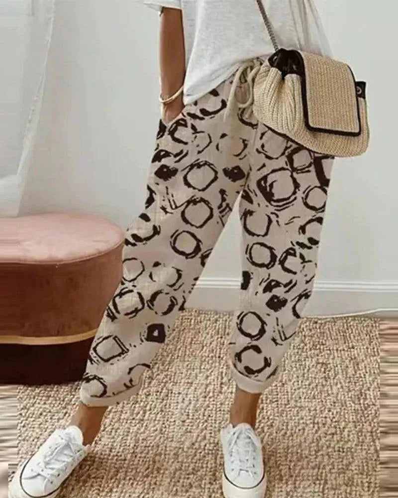 GR | Striped trousers, breathable cotton-linen blend, relaxed fit, drawstring waist, casual wear