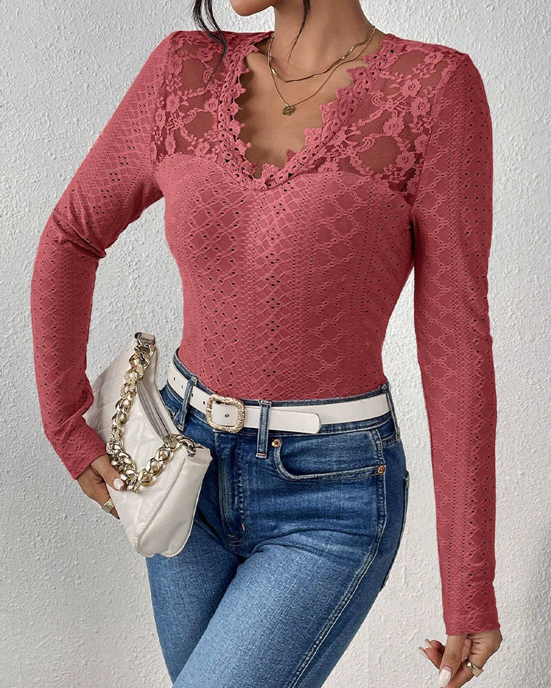 GR | Long-sleeved top, V-neck, Spetspanel