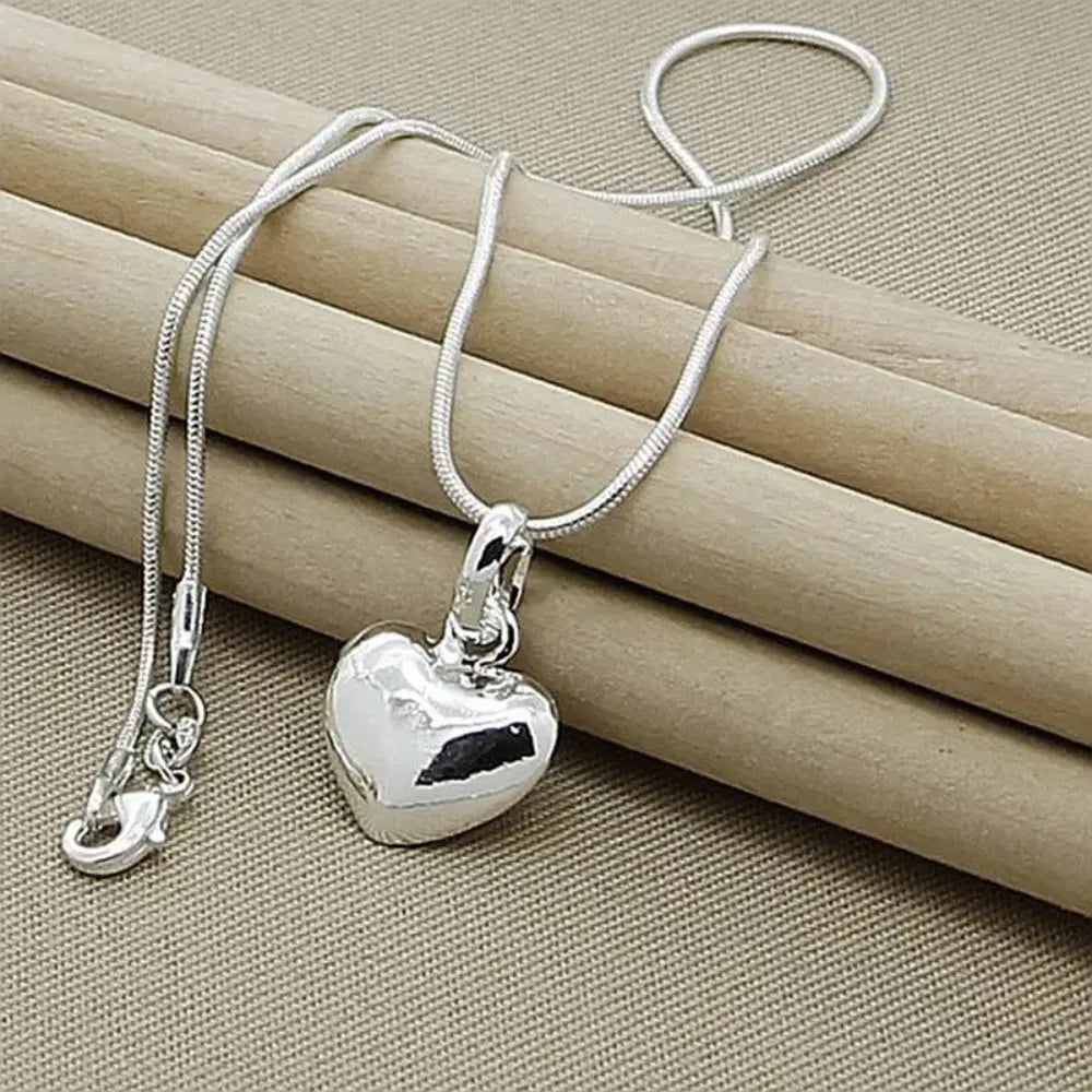 GR | Sterling Silver Solid Heart Necklace Snake Chain for Women