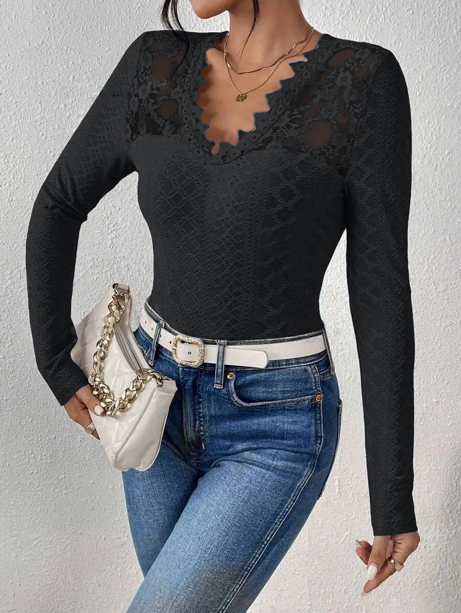 GR | Long-sleeved top, V-neck, Spetspanel