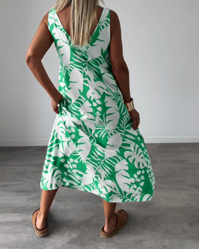 GR | Lässiges, Ärmelloses Kleid mit Blattmuster