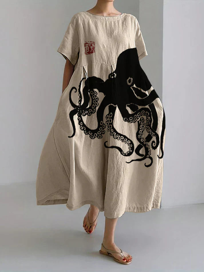 GR | Langes Kleid Aus Halbleinen Mit Japanischem Muster Aus Octopus Leinen