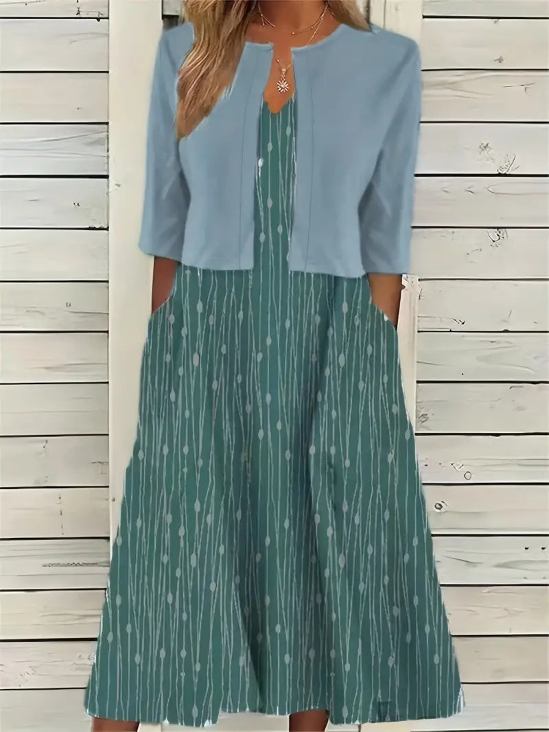 GR | Elegante Zweiteilige Blumenkleid-Set mit Einfarbigem Crop-Top und Rundhalskleid