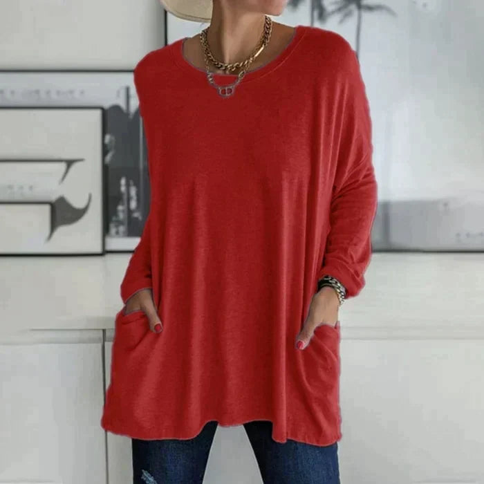 GR | Fashionable tunic top with pockets - Relaxed fit, round neck, long sleeves