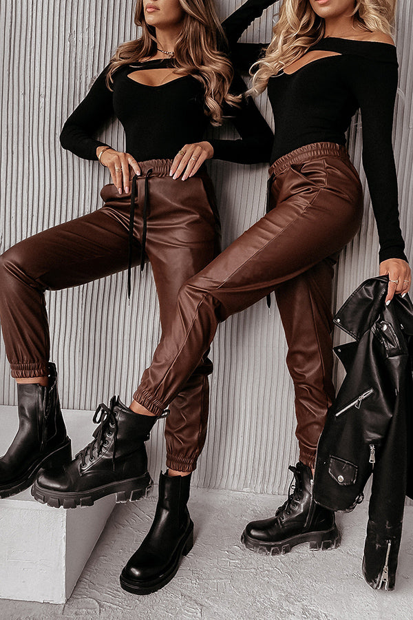 GR | Drasilla Faux Leather Elastic Waistband Pockets Jogger