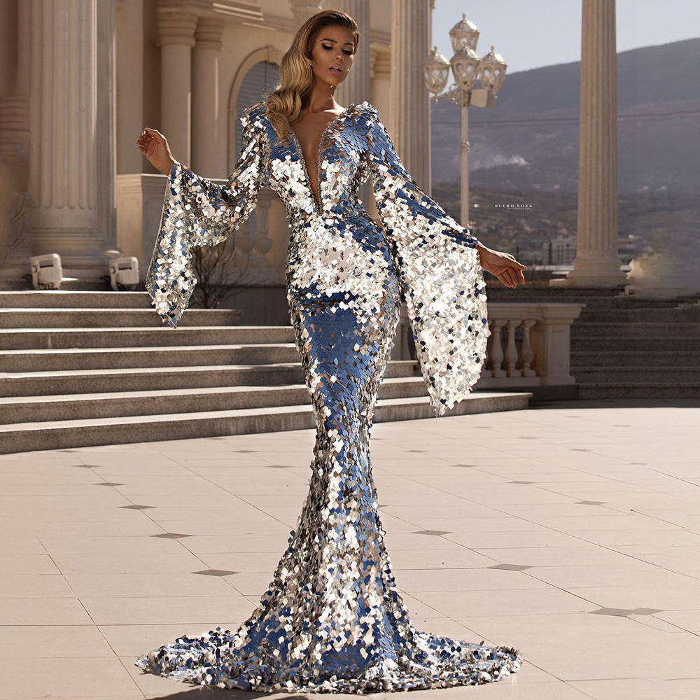 GR | Enchanting Sequin Silver Party Cover-Up Hip Evening Dress