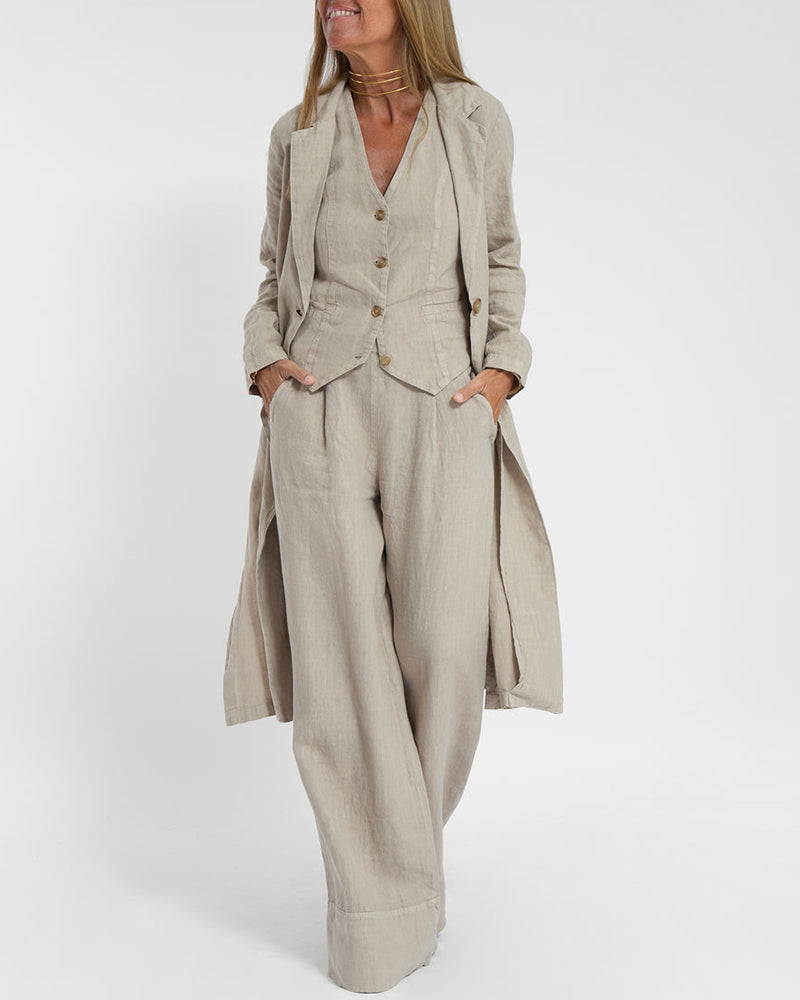 GR | Elegant 2-piece linen set: wide-leg trousers & vest