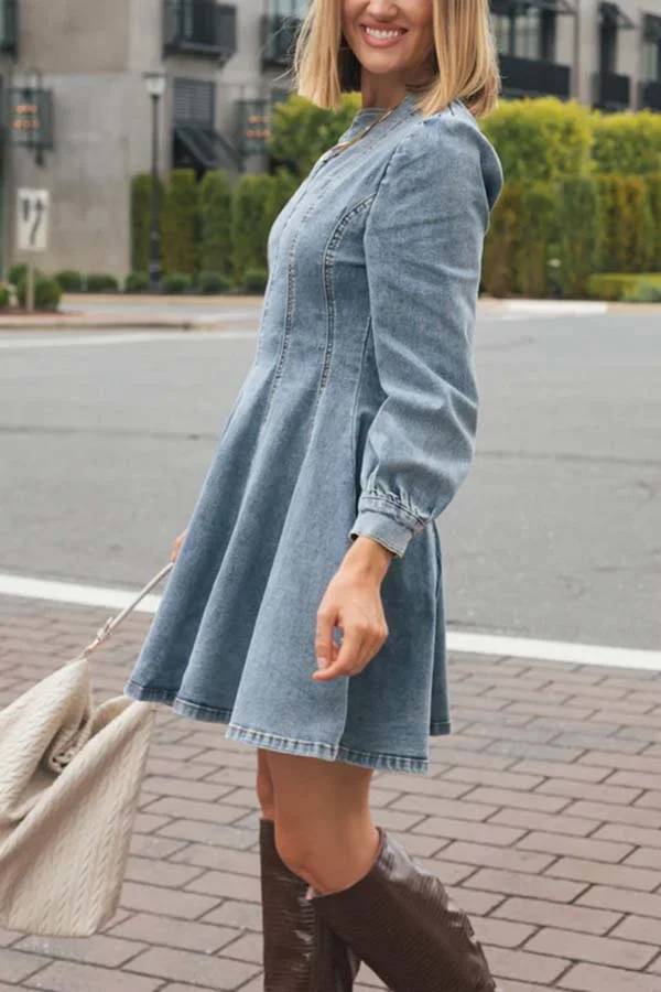 GR | Fade Into You Denim Prinzessinnenlinie Rückenreißverschluss Flare Stretch Mini Kleid