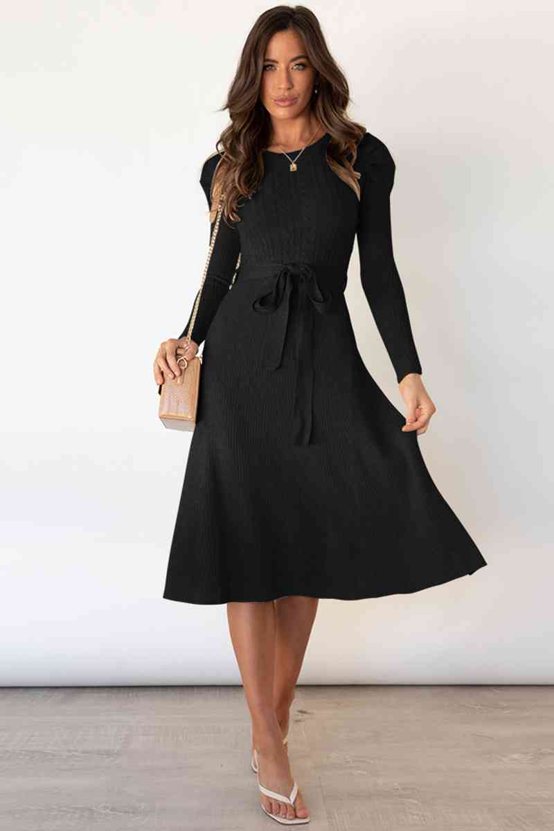 GR | Round Neck Long Sleeve Knot Waist Sweater Dress