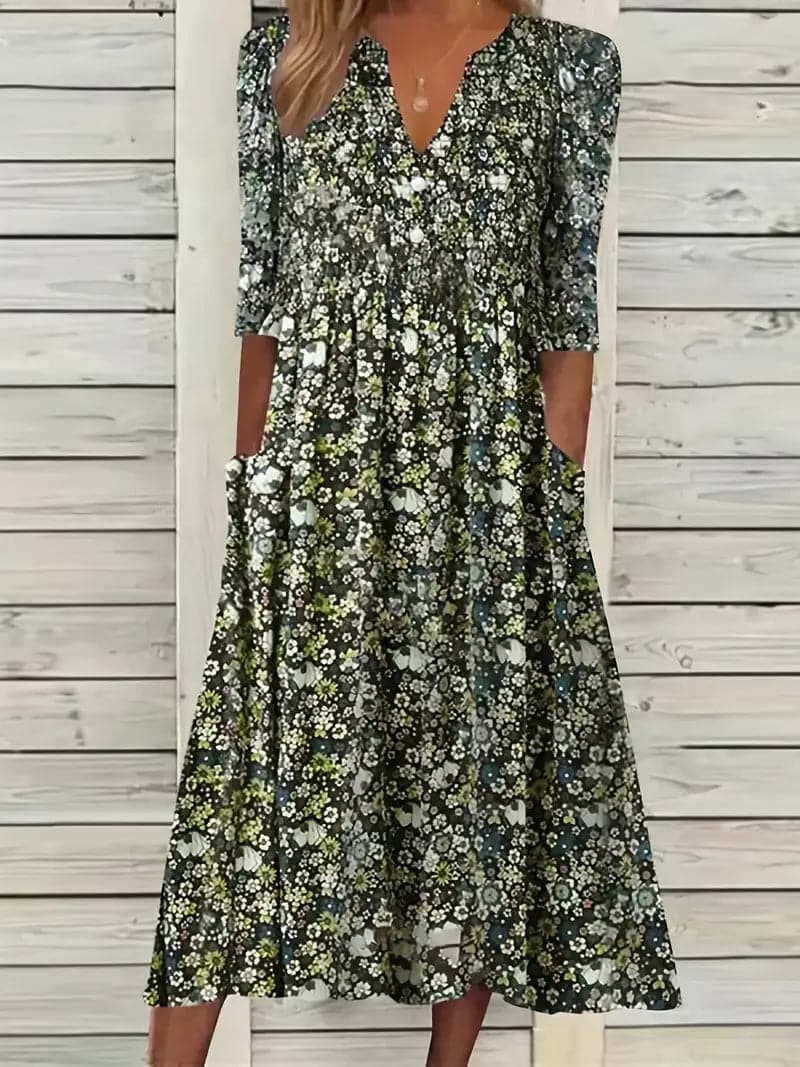 GR | Midikleid A-Linie Passform V-Ausschnitt 3/4 Ärmel Blumenmuster