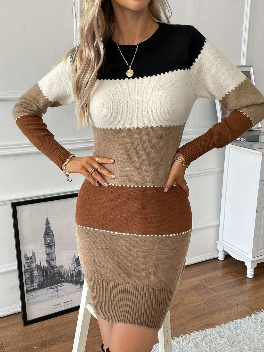 GR | Schicke Herbst Farbblock Langarmkleid für Frauen