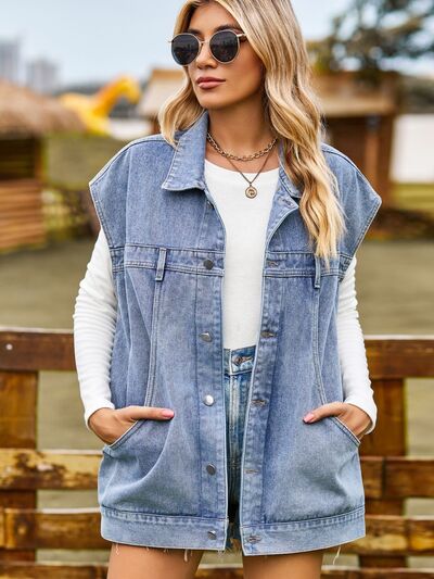 GR - button-up, buttoned sleeveless denim jacket