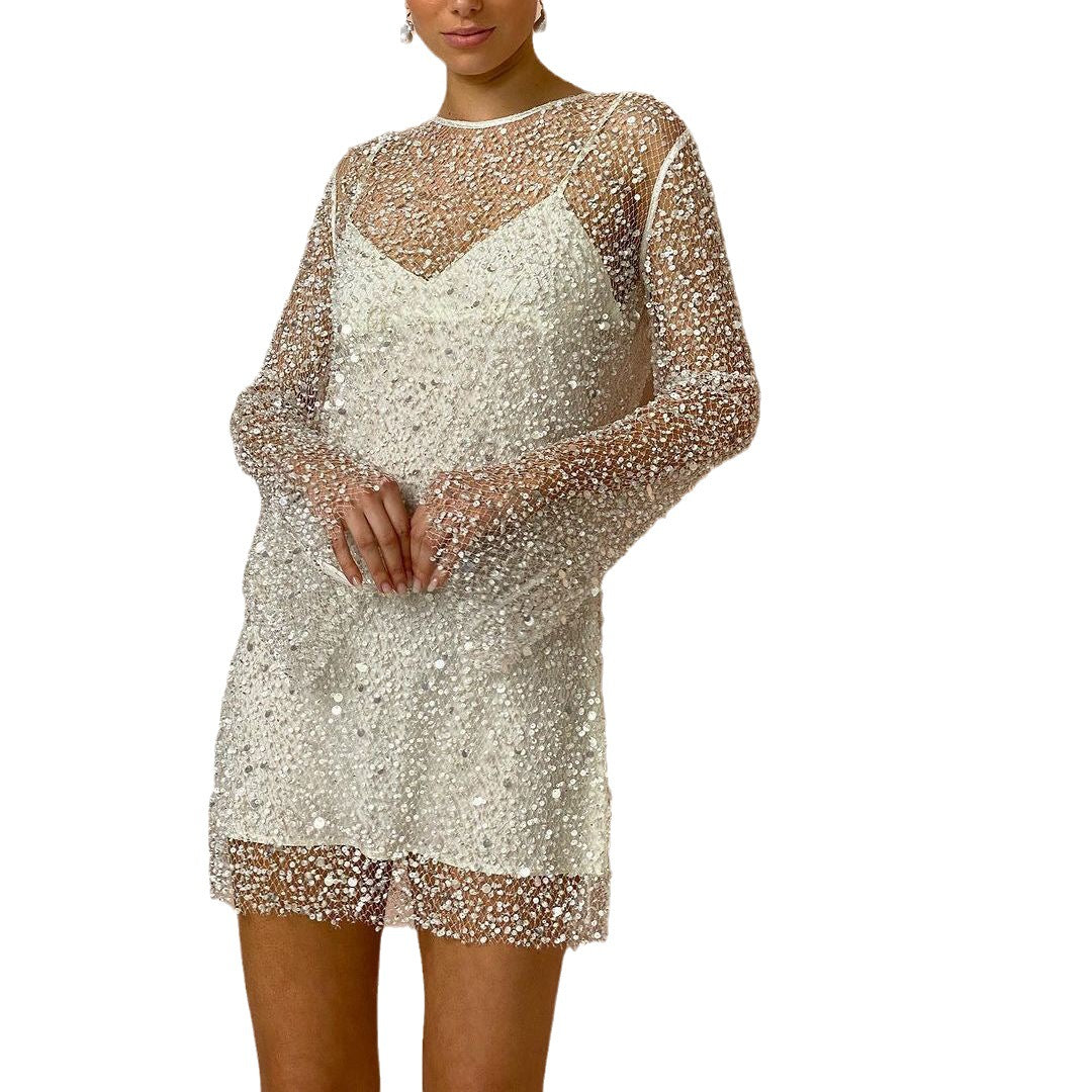 GR | Pearl See-through Mesh Two-Piece Set Sling Dress 