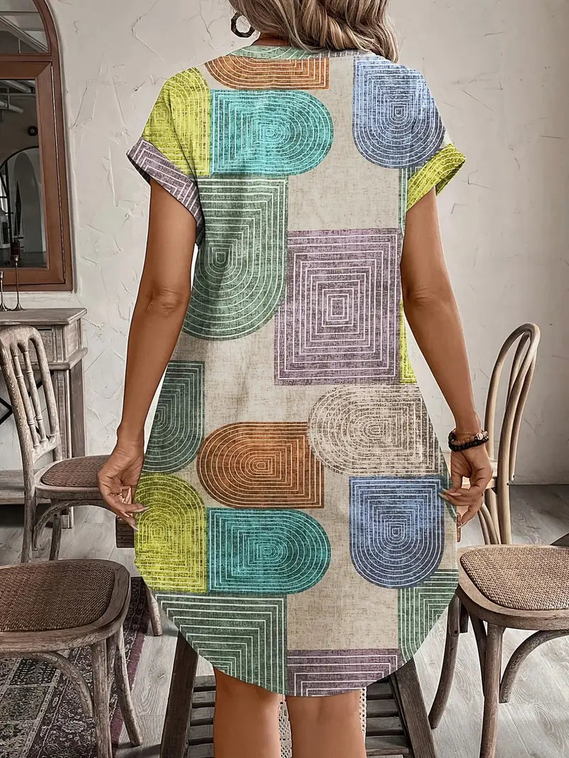 GR | Sommerhemd mit Geometrischem Druck V-Ausschnitt und Knopfverschluss Elegantes Midikleid