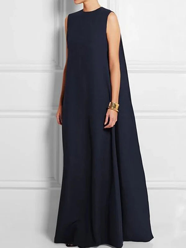 GR | Wide, Simple, Solid Color, Sleeveless, V-Neck, Long Wide Dress