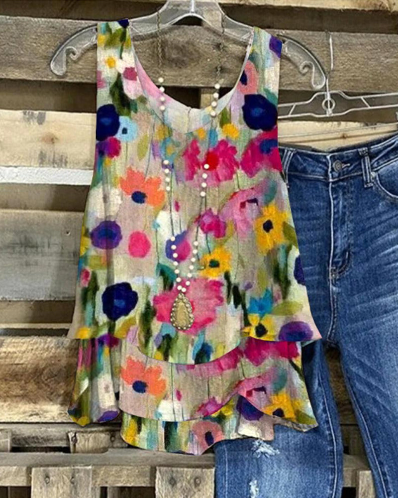 GR | Layered sleeveless top with floral motif