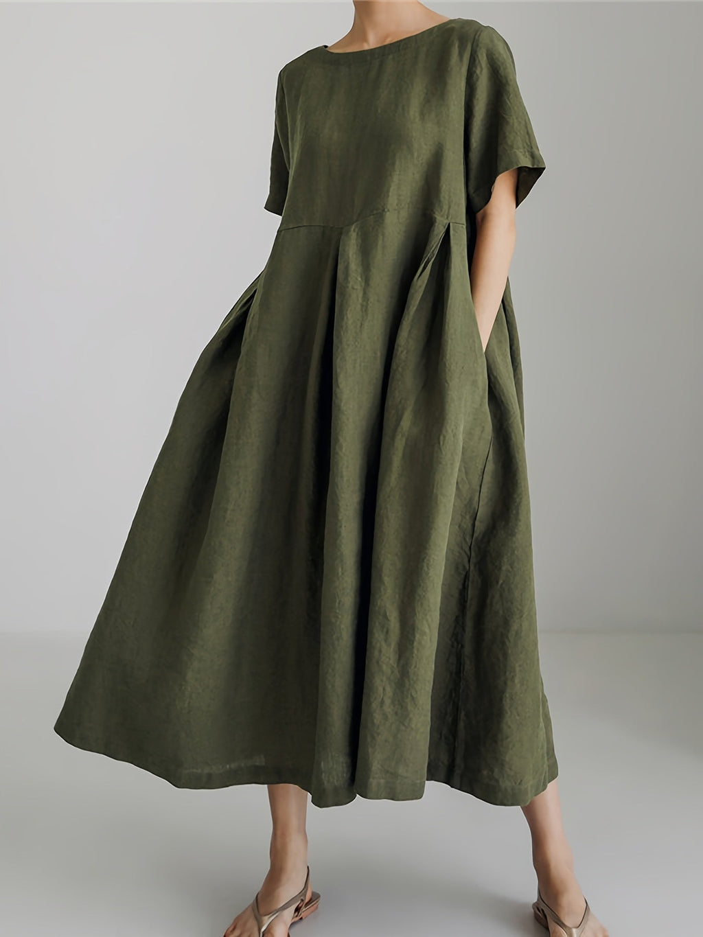 GR | Damen Einfarbiges Leinenkleid Kleid