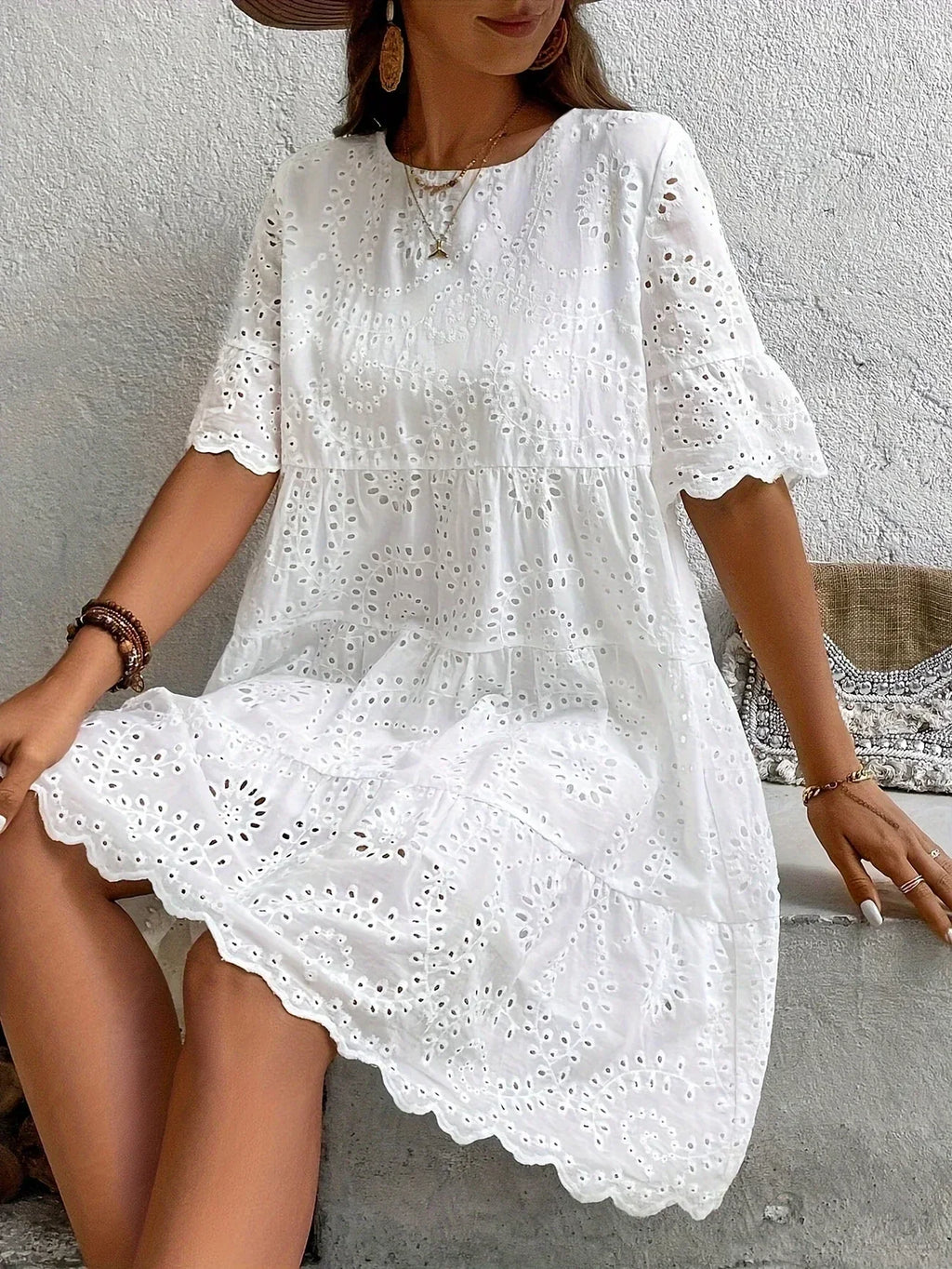 GR | Weiße Spitzenkleid für Damen Leicht, Bestickt und Sommerlich
