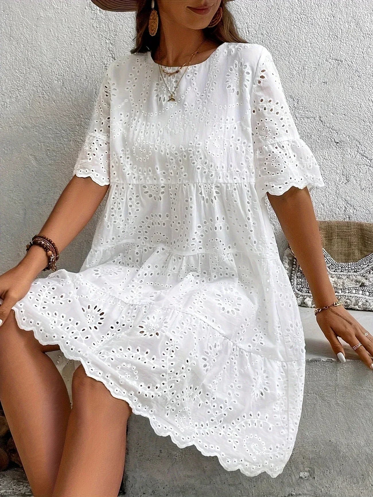 GR | Weiße Spitzenkleid für Damen Leicht, Bestickt und Sommerlich