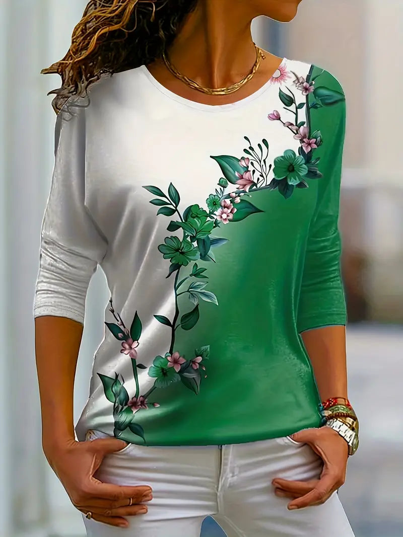 GR | Lässiges T-Shirt mit Rundhalsausschnitt und Blumendruck