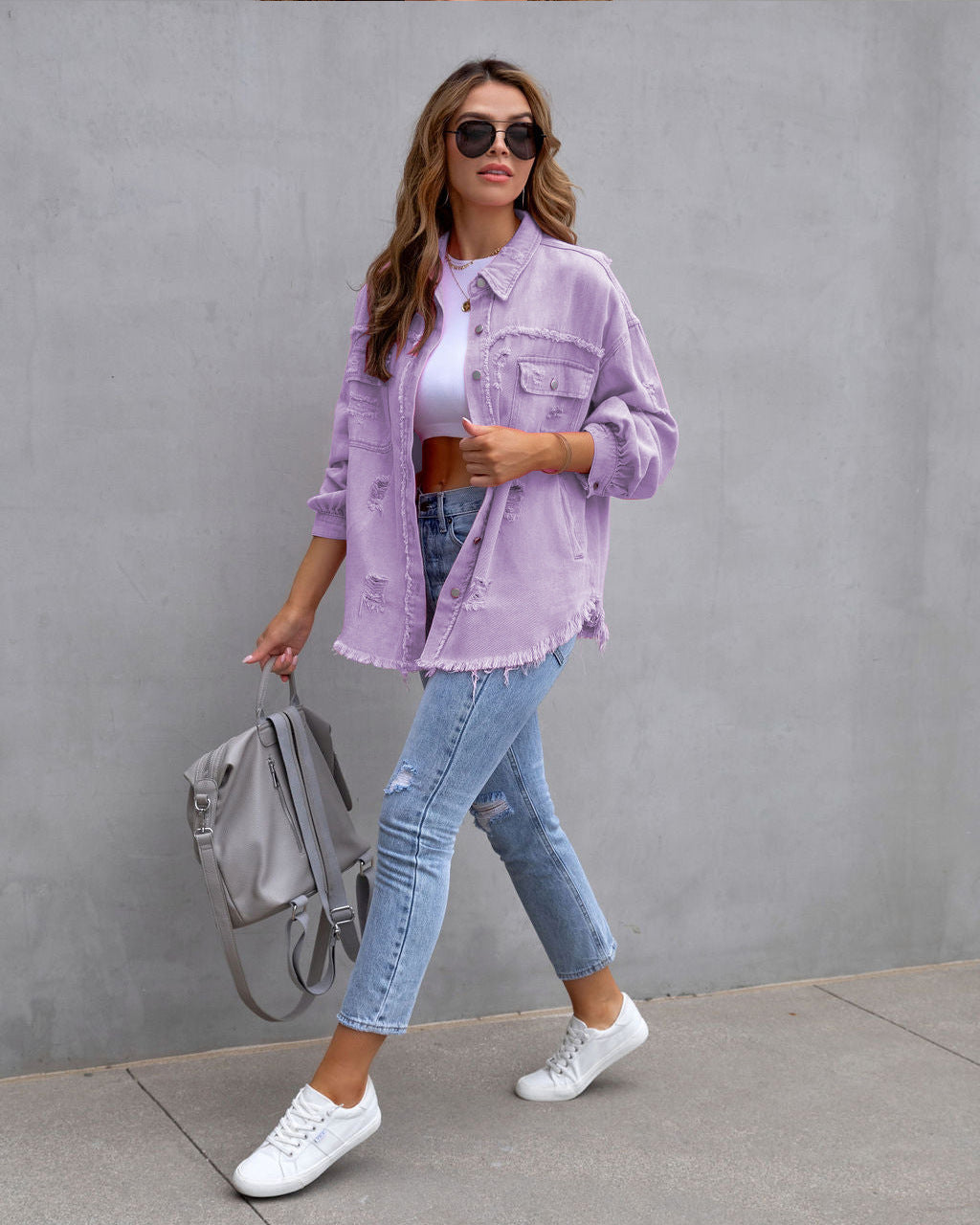 GR ripped shirt jacket, women's autumn and spring casual tops, women's clothing