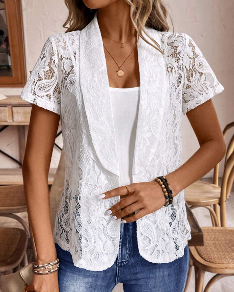 GR | White short-sleeved lace blazer with lapels