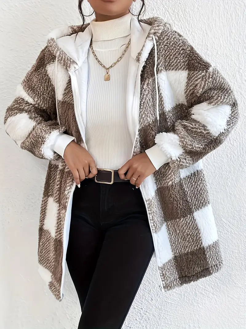 GR | Kariert Teddy Hoodie Jacke | Warm und Bequem für den Winter