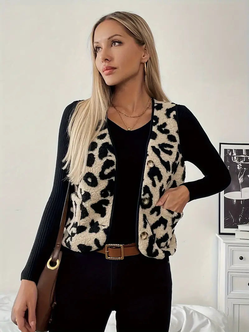 GR | Sleeveless faux fur vest with leopard print for women