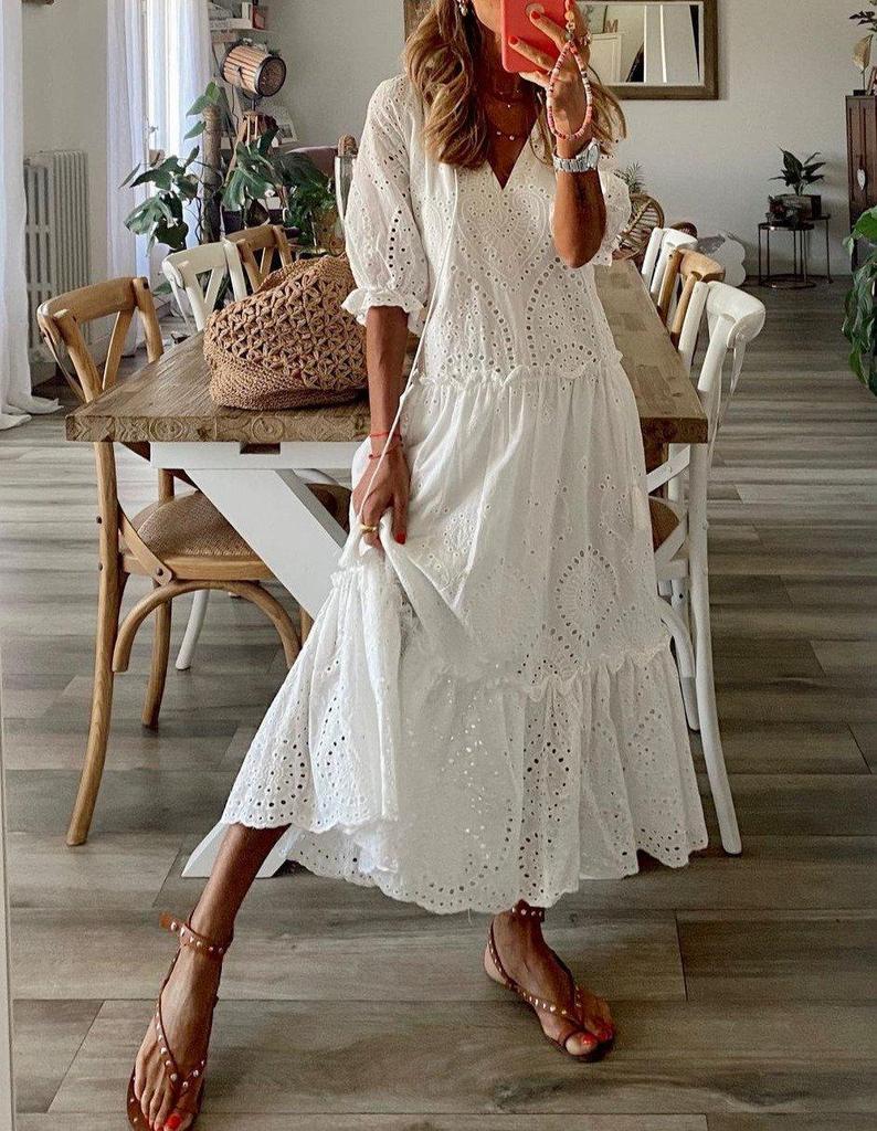 GR | Romantic White Short-Sleeve Maxi Dress