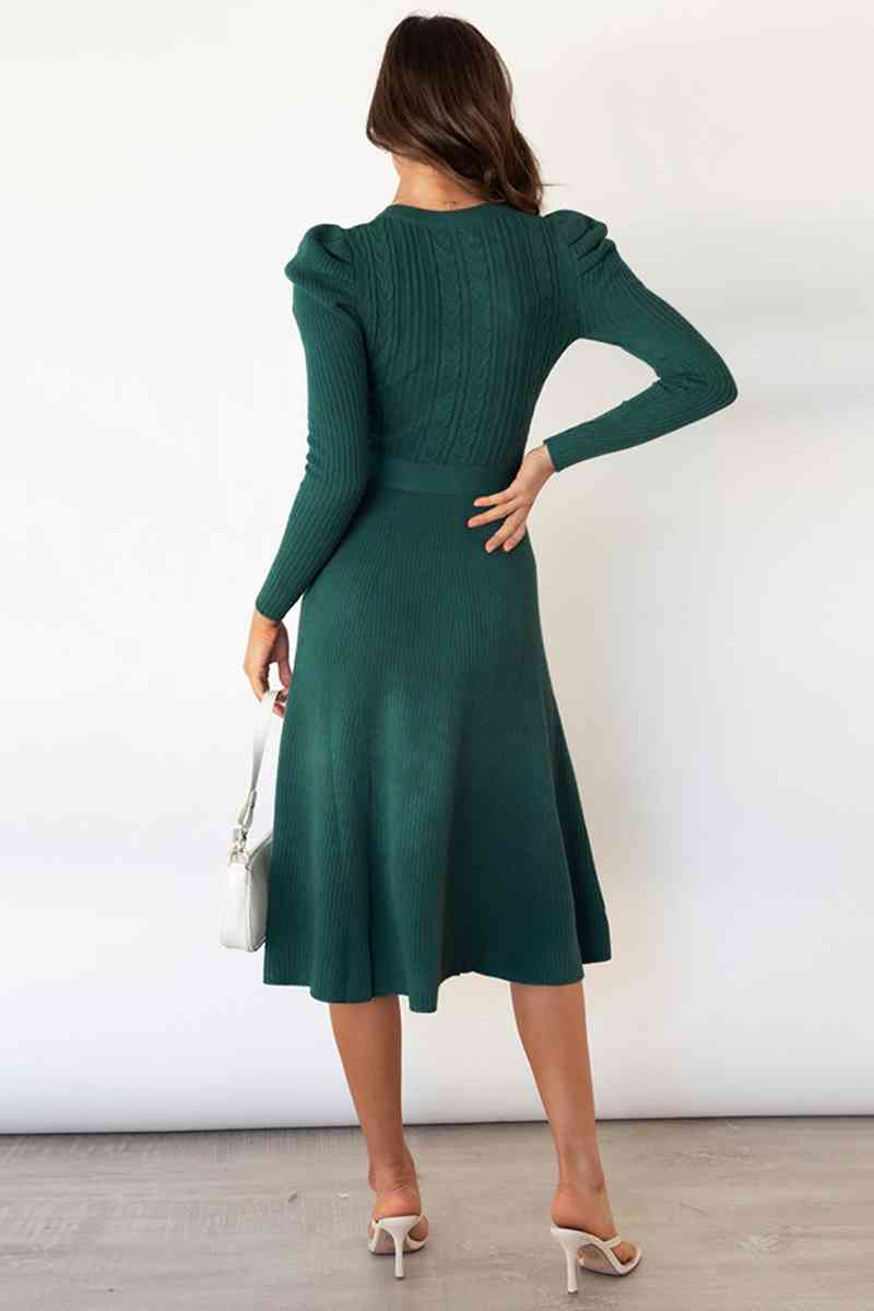 GR | Round Neck Long Sleeve Knot Waist Sweater Dress