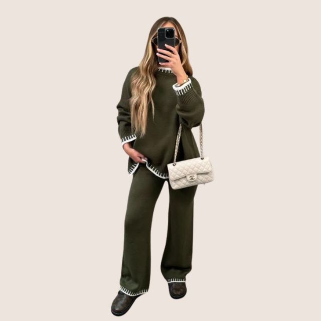 GR | Schickes Strick-Loungewear-Set mit Kontrastbesatz