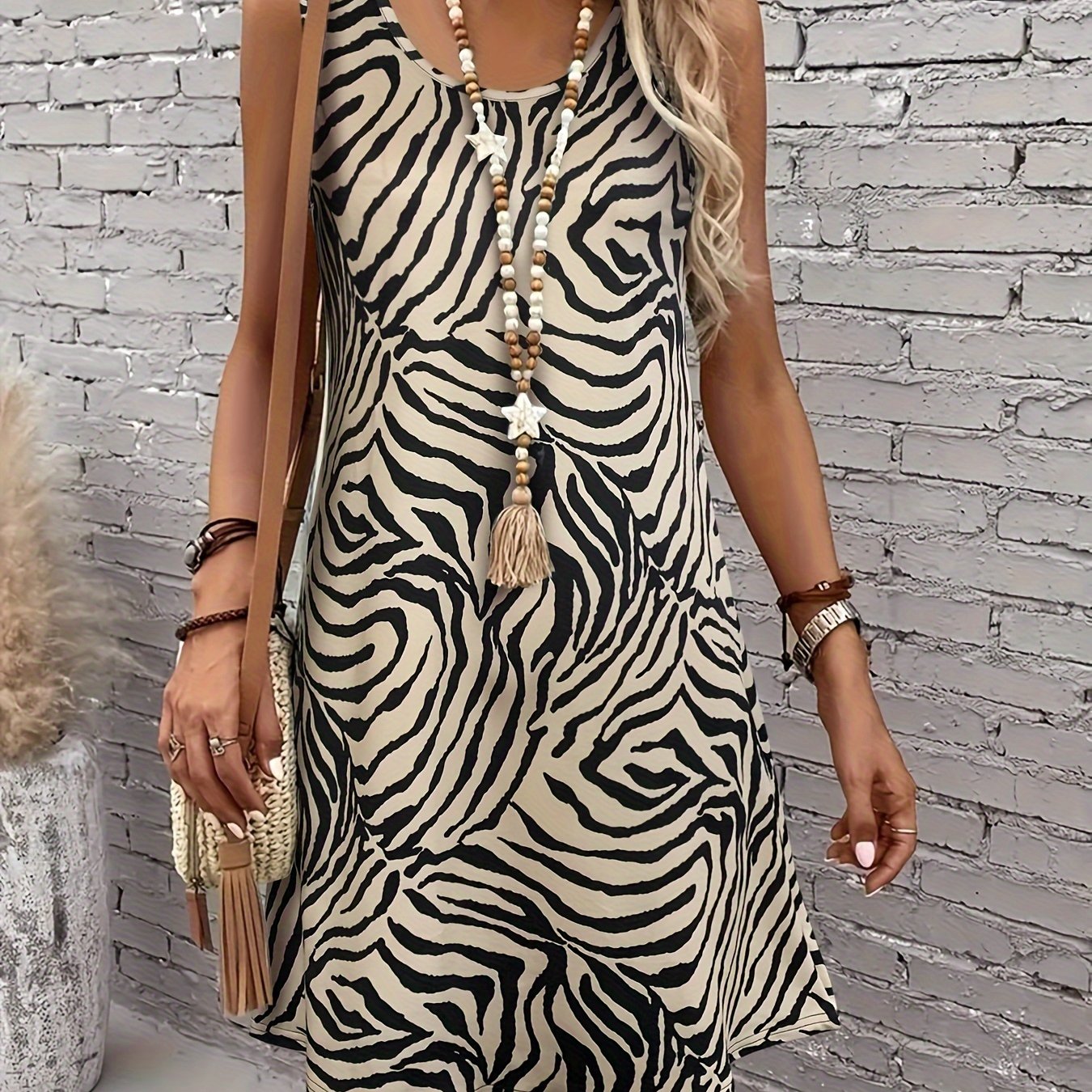 GR | Sleeveless Zebra Dress, A-Line Summer Skirt