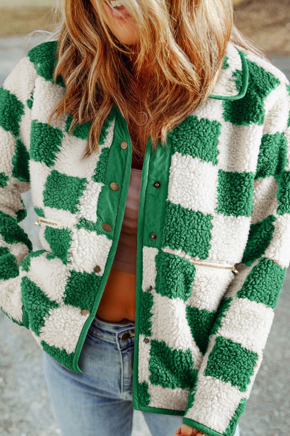 GR | Casual Autumn Green Check Snap-Down Jacket for Women