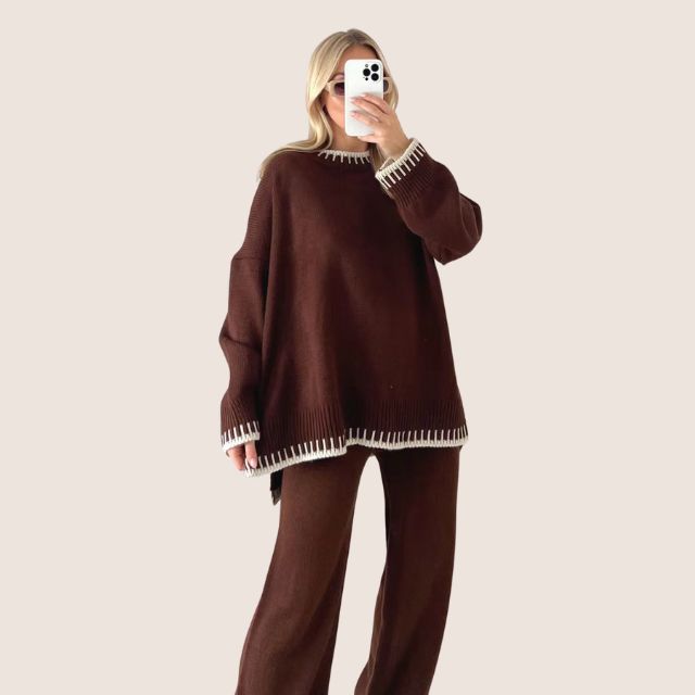 GR | Schickes Strick-Loungewear-Set mit Kontrastbesatz