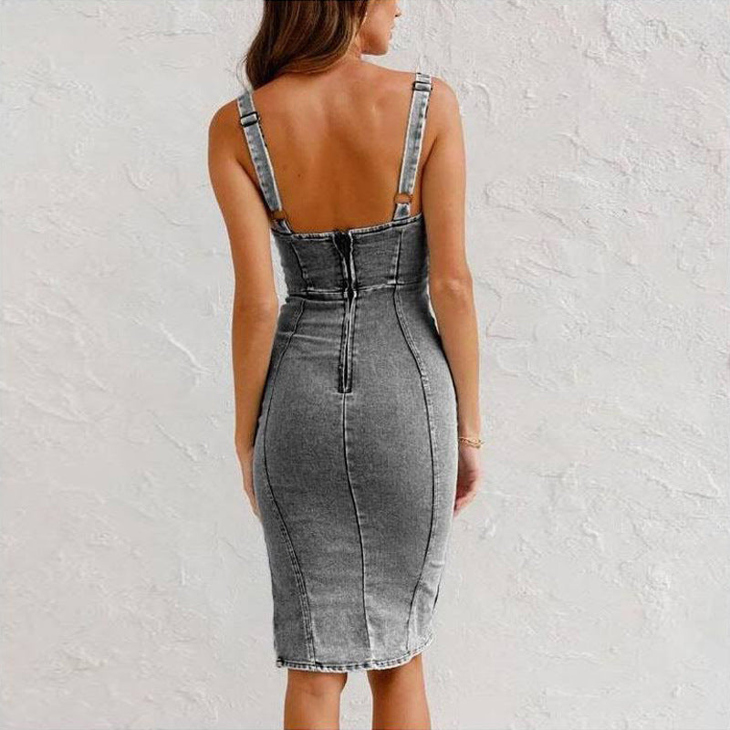 GR Träger-Jeanskleid mit U-Ausschnitt - Sommerliches, lässiges, eng anliegendes Slim-Fit-Kleid mit Schlitzdesign