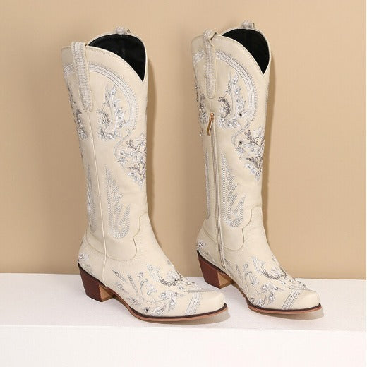 GR | Embroidered Western Denim Retro Women's Knee-Length Boots