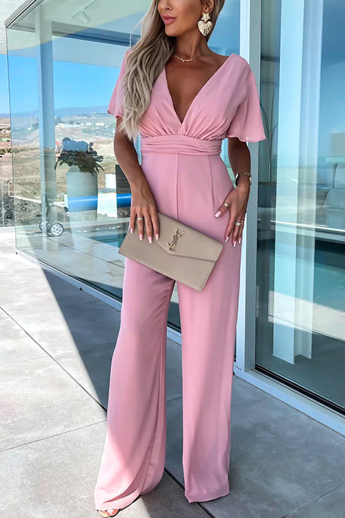 GR | Rosiedress Deep V-Neck Ruffled Sleeve High Waist Wide Leg Jumpsuit